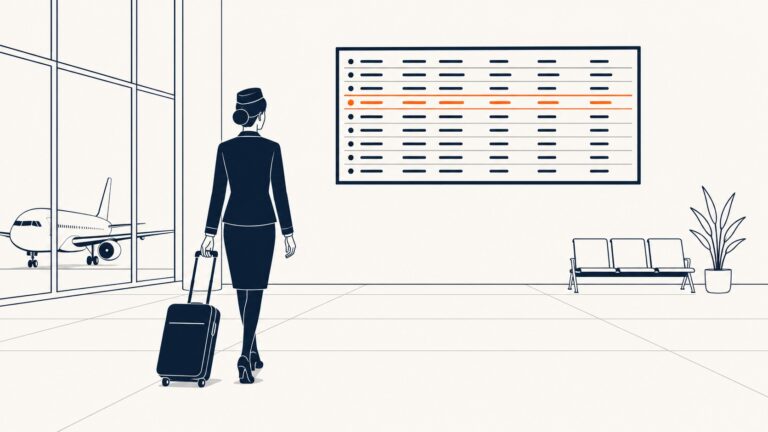 Illustration of an airline crewmember walking through an airport terminal toward a departures board.