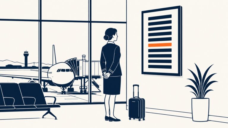 llustration of a crewmember standing at a gate screen showing a standby list.