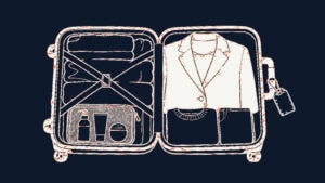 Illustration of a small packed go-bag sitting beside a larger suitcase.