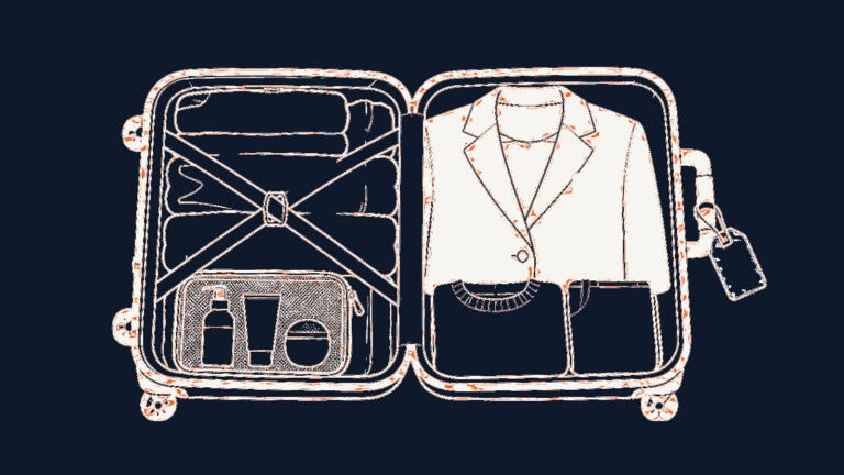 Illustration of a small packed go-bag sitting beside a larger suitcase.
