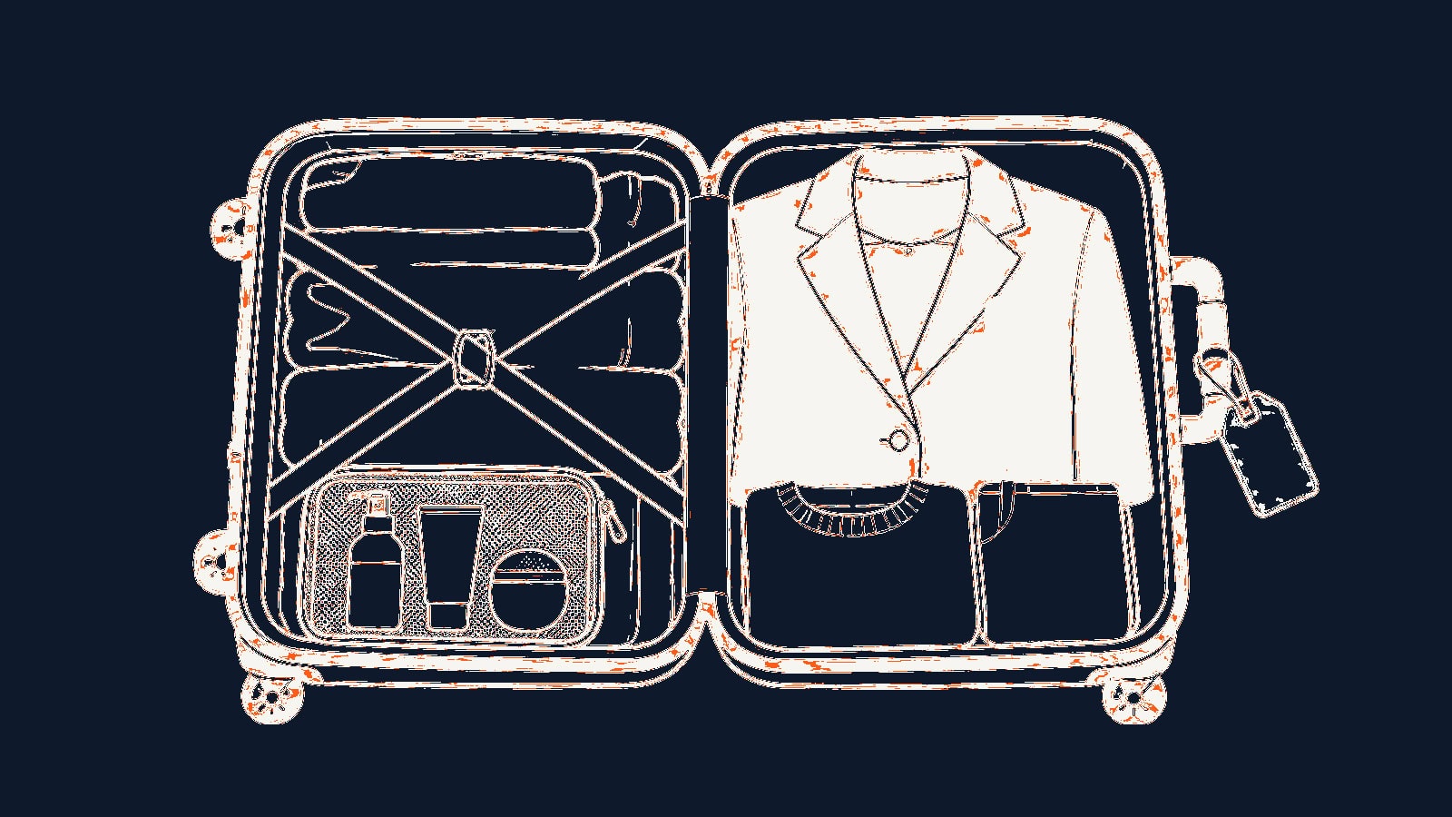 Illustration of a small packed go-bag sitting beside a larger suitcase.
