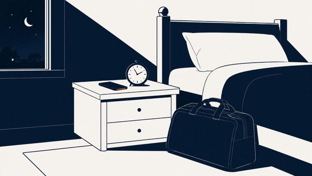 Illustration of a crewmember's bedroom at night with a packed uniform bag and a phone on the nightstand.