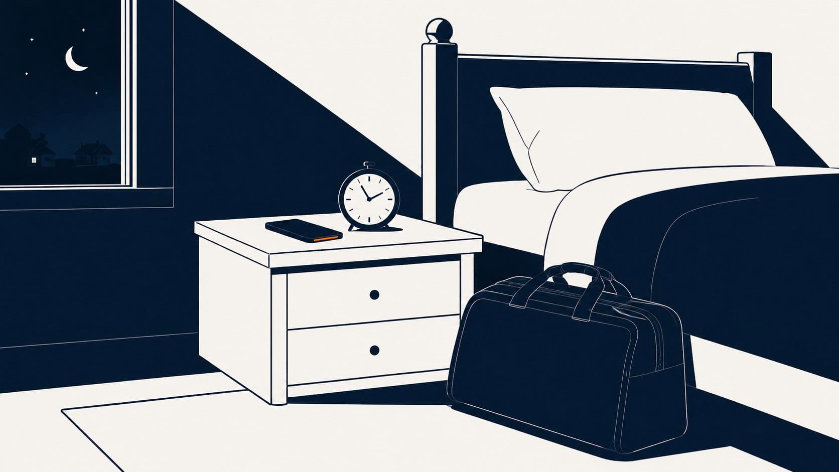 Illustration of a crewmember's bedroom at night with a packed uniform bag and a phone on the nightstand.