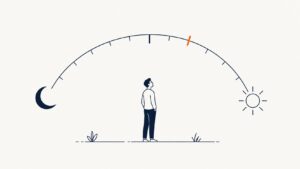 Illustration of a body-clock dial with a sun and moon at opposite ends.