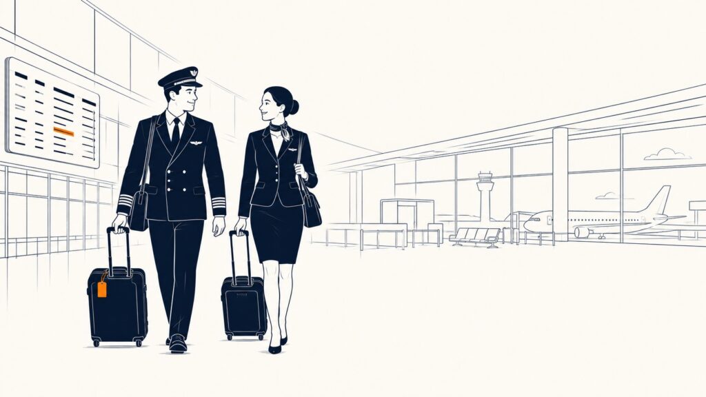 Illustration of a pilot and flight attendant walking together through an airport terminal with crew bags.