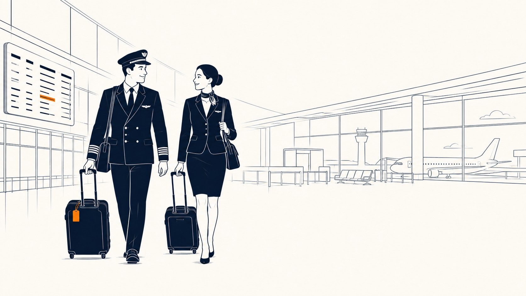 Illustration of a pilot and flight attendant walking together through an airport terminal with crew bags.